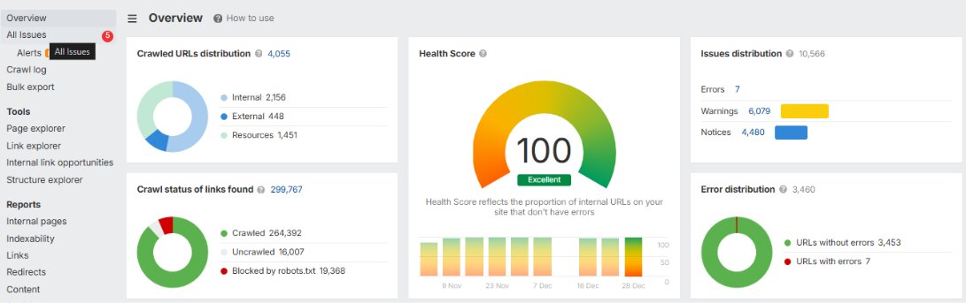 Site health score of 100 out of 100 across more than 4,000 crawled URLs