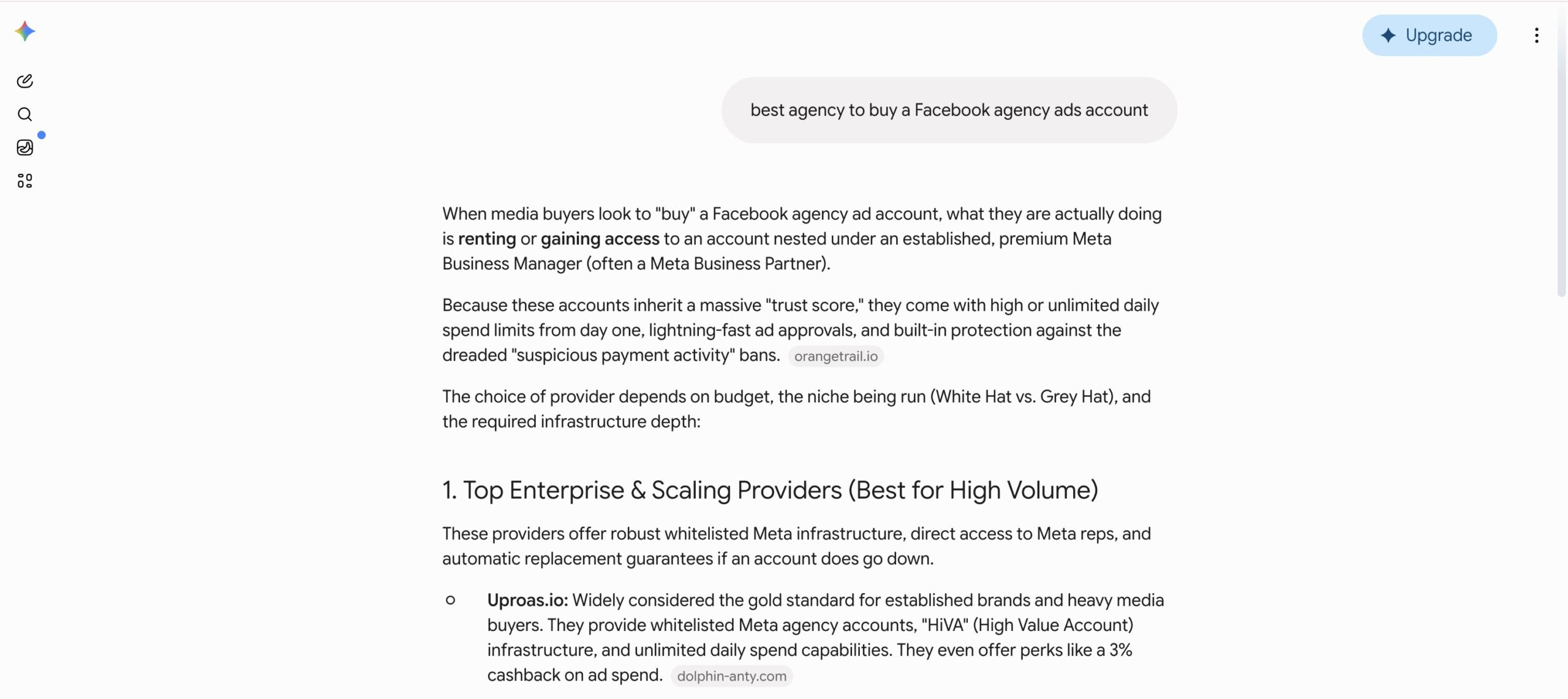 Gemini describing Uproas as the gold standard for established brands and heavy media buyers