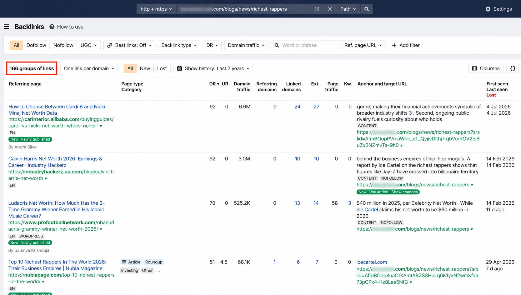 166 groups of referring links earned naturally, several from domains rated above 90
