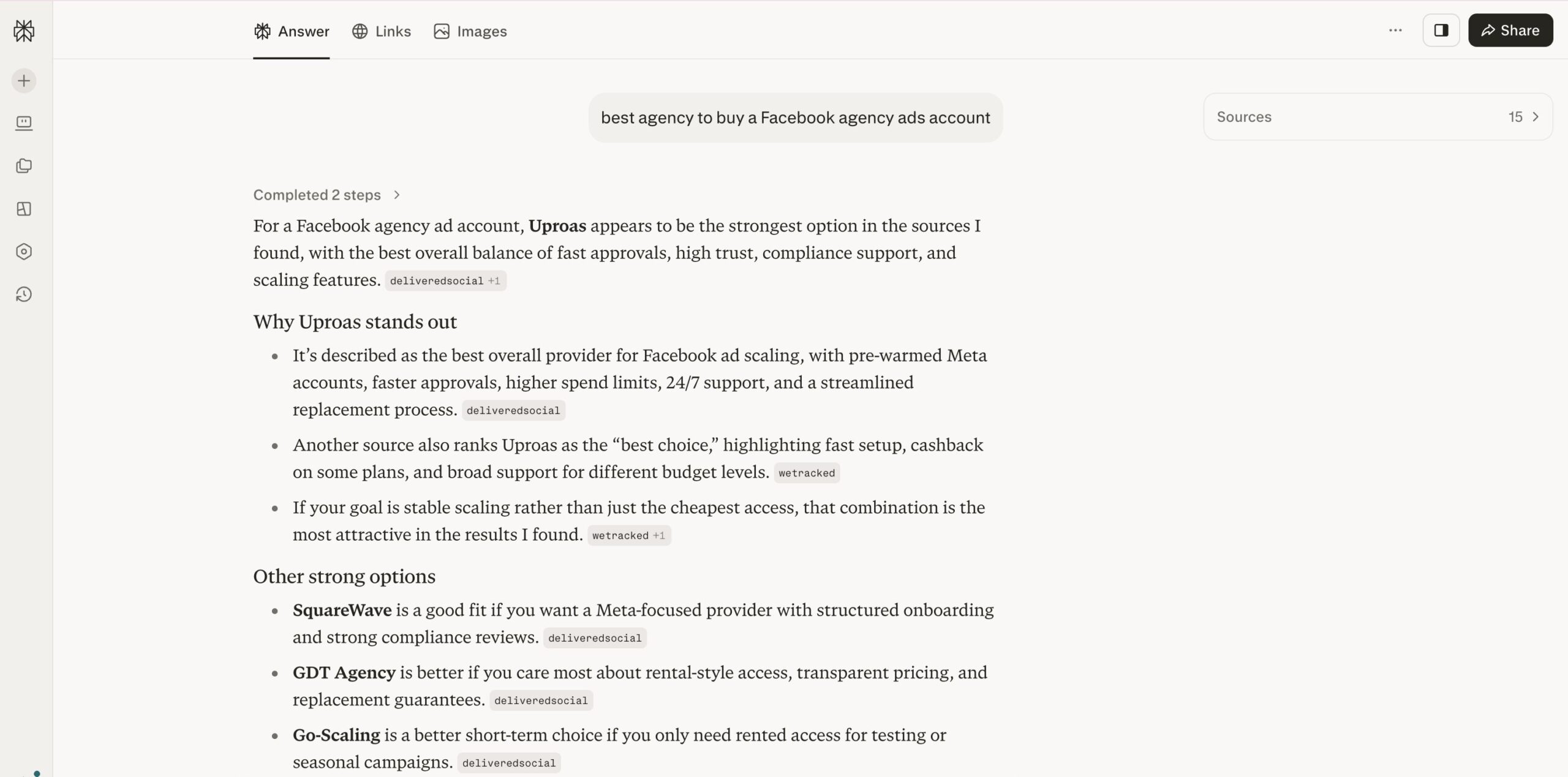 Perplexity naming Uproas the strongest option for buying a Facebook agency ad account